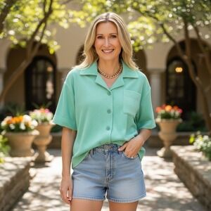 Fabletics Womens Seafoam Green Terry Cloth‎ Button Down Short Sleeve Shirt XS